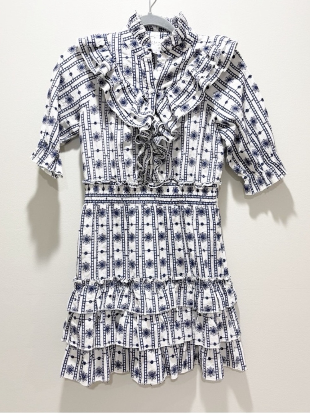The Shirt by Rochelle Behrens Ruffle Mini Dress Blue/White Embroidery Eyelet